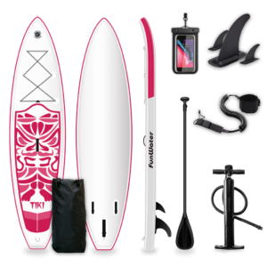 tabla de paddle surf modelo tiki de color rosa y blanco con todos los complementos Leash, quillas, inflador, bomba, remo, bolsa estanca para el movil, funwater.es tablas de paddle sup